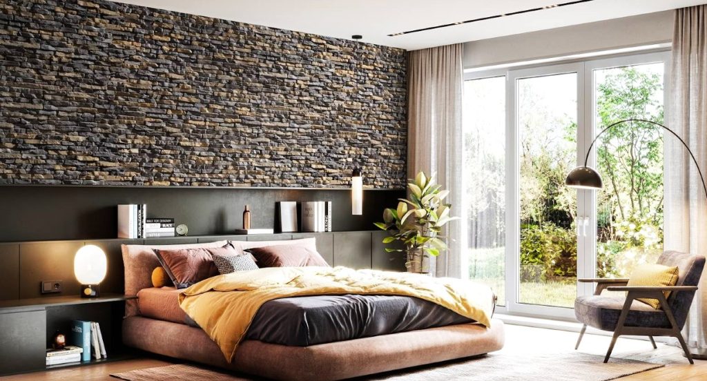Interior bedroom feature wall with dark stacked stone cladding
