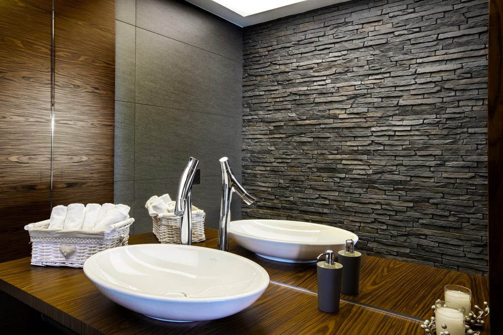 Sierra Graphite stone cladding feature wall in Cheshire bathroom