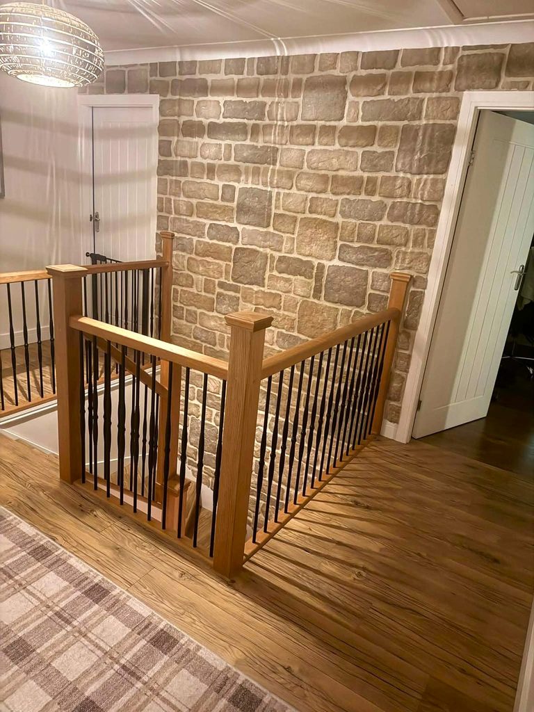 Country Stone Cream stone slip feature wall on staircase in Birmingham home